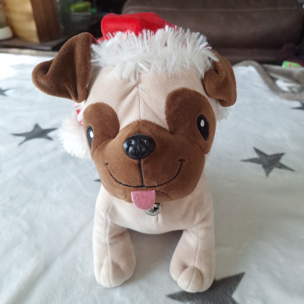 Hallmark Christmas Pug Plush Puppy Dog Brown‎ Stuffed Animal Santa Hat